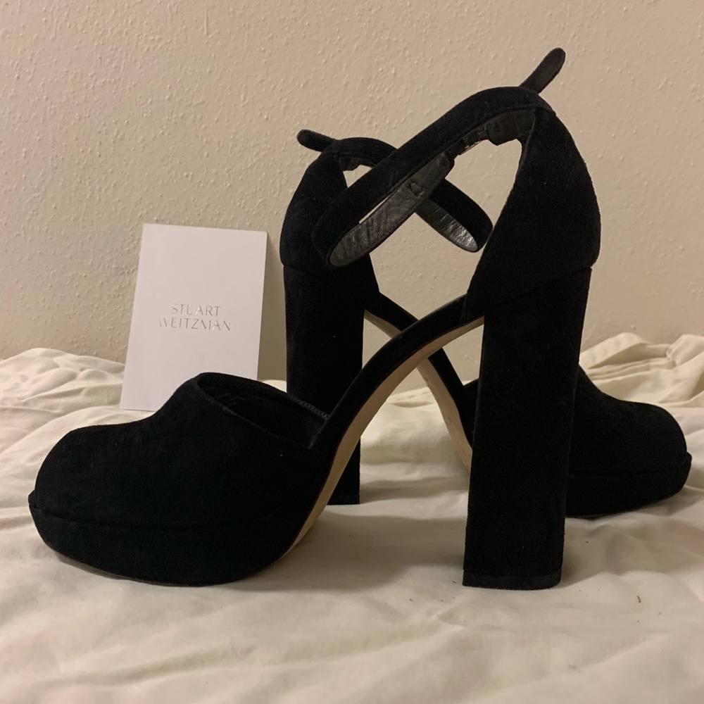 STUART WEITZMAN Black Suede Peep Toe Heels with Ankle Strap